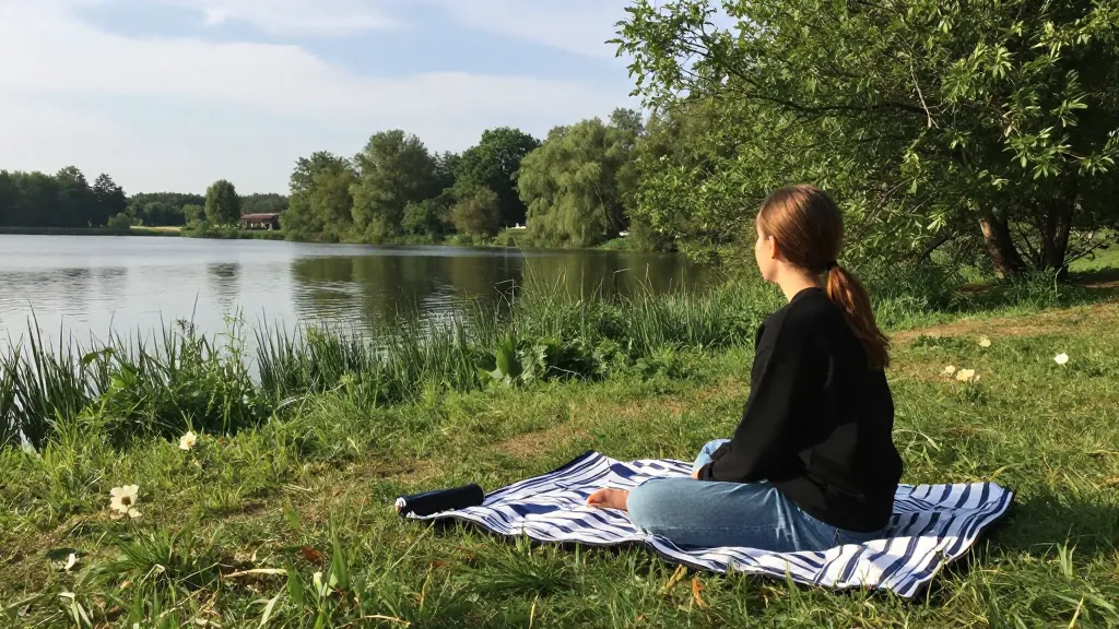 Flowing curved line across a soft blue field